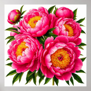 Affiche Bouquet de pivoines rose vif avec feuilles vertes