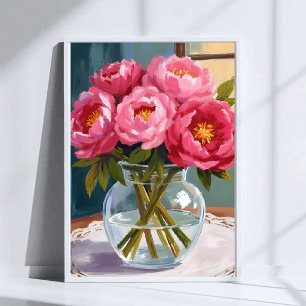 Affiche Bouquet de pivoines roses Peinture florale aquarel