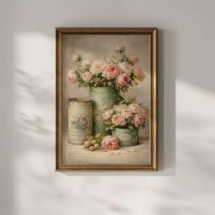 Affiche Bouquet de pivoines vintage dans des boîtes en fer