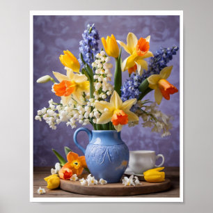 Affiche Bouquet de printemps des jonquilles Hyacinthes Vas