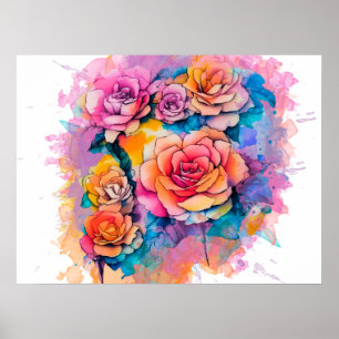 Affiche Bouquet de roses à taches de peinture aquarelle mo