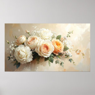 Affiche Bouquet de roses élégant pêche et crème : Peinture