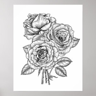 Affiche Bouquet de roses en noir et blanc
