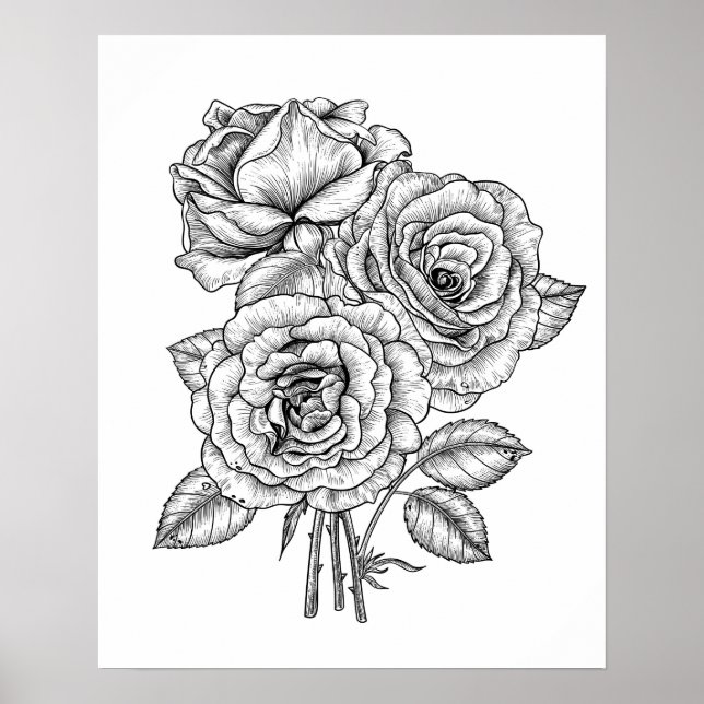 Affiche Bouquet de roses en noir et blanc (Devant)