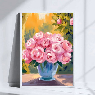 Affiche Bouquet de roses roses   Vase floral aquarelle