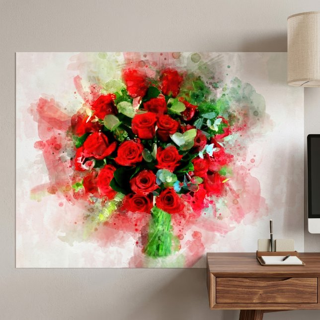 Affiche Bouquet de roses rouges aquarelle sur fond blanc (Red Roses Bouquet Watercolor on White Background. Poster)