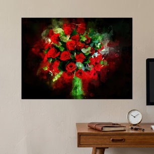 Affiche Bouquet de roses rouges aquarelle sur fond noir