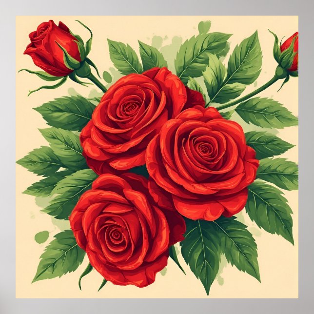 Affiche Bouquet de roses rouges vibrant (Devant)