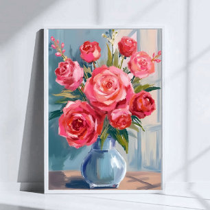 Affiche Bouquet de roses   Vase de fleurs rouges Aquarelle