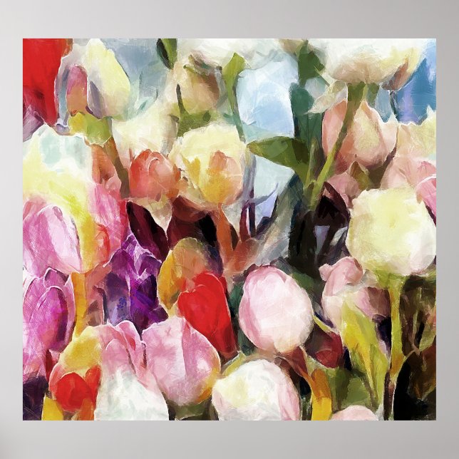 Affiche Bouquet de tulipes Roses modernes : peinture à l'h (Devant)