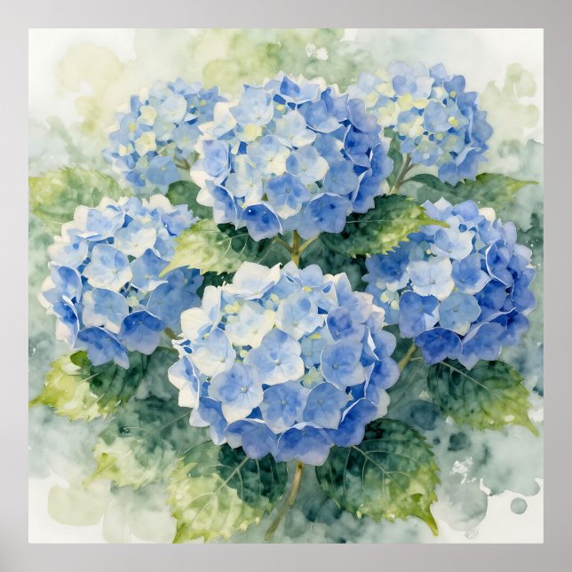 Affiche Bouquet d'hortensias bleu à l'aquarelle (Devant)