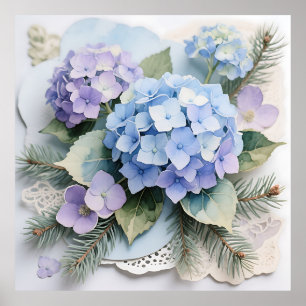 Affiche Bouquet d'hortensias bleus Aquarelle Sérénité