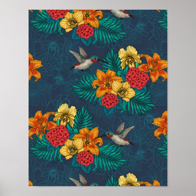 Affiche Bouquet et colibris tropicaux (Devant)