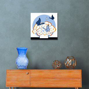 Affiche Bouquet et papillons bleu et orange Carré