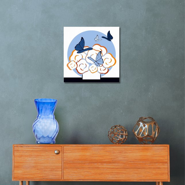 Affiche Bouquet et papillons bleu et orange Carré (Blue & Orange Bouquet & Butterflies Square Poster, Entryway)