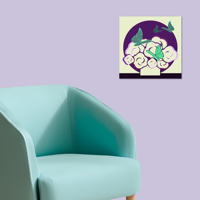 Affiche Bouquet et papillons vert violet Carré (Green Purple Flower Bouquet & Butterflies Square Poster)