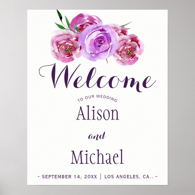 Affiche Bouquet fleuri violet prune mariage signe de bienv (Devant)
