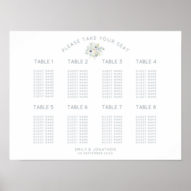 Affiche Bouquet Floral 8 Tables Plan de Table Carré 80 Pla (Devant)