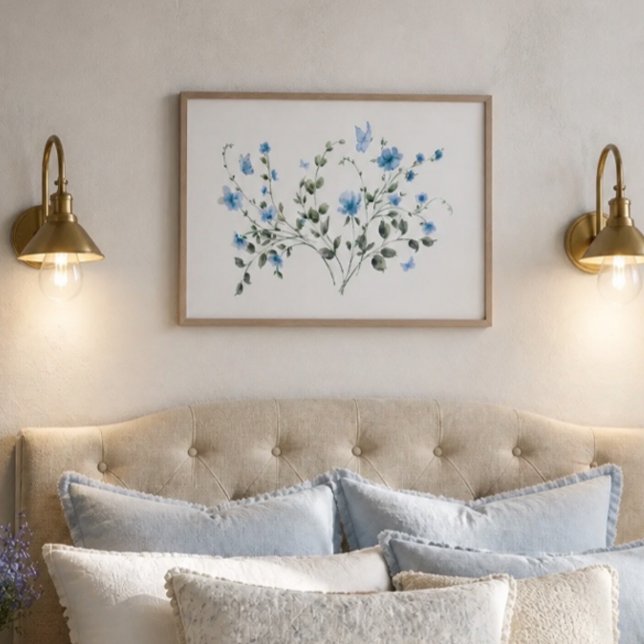 Affiche Bouquet floral bleu et aquarelle de papillon (Créateur téléchargé)