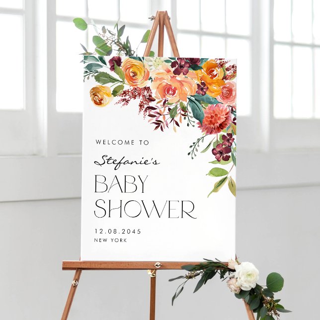 Affiche Bouquet floral de bébé à l'aquarelle Bienvenue à l (Customizable autumn baby shower welcome sign featuring watercolor ranunculus, dahlias, and roses.)