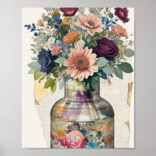 Affiche Bouquet floral Ephémère de collage médiatique mixt