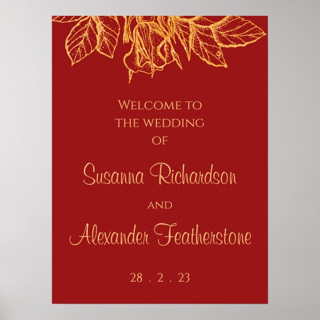 Affiche Bouquet Floral Parties scintillant or, Mariage rou (Devant)
