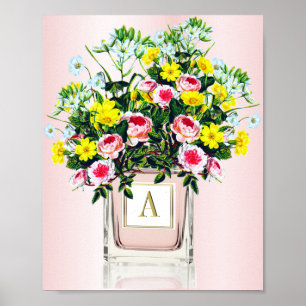 Affiche Bouquet floral rose Bouteille de parfum Monogramme