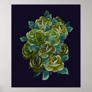 Affiche Bouquet floral vert, bleu marine, roses exotiques