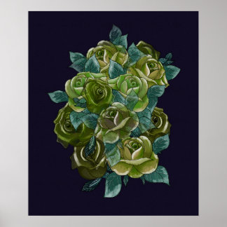 Affiche Bouquet floral vert, bleu marine, roses exotiques