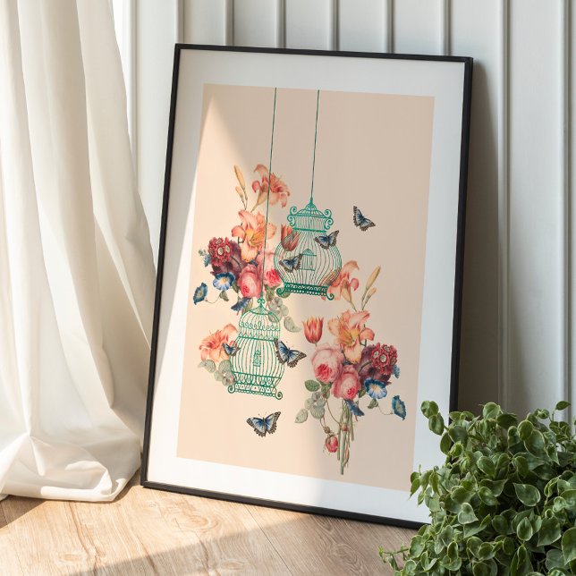 Affiche Bouquet Floral vintage Et Oiseaux Vintages (Vintage Floral Bouquet And Vintage Birdcages Poster)