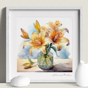 Affiche Bouquet Lily Peach En Vase Verre Aquarelle Imprime