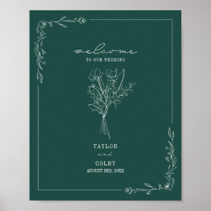Affiche Bouquet Line Art Emerald Mariage Bienvenue