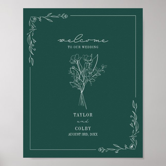Affiche Bouquet Line Art Emerald Mariage Bienvenue (Devant)