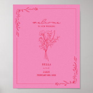 Affiche Bouquet Line Art Rose Rouge Mariage Bienvenue