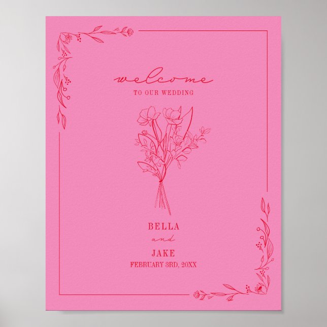 Affiche Bouquet Line Art Rose Rouge Mariage Bienvenue