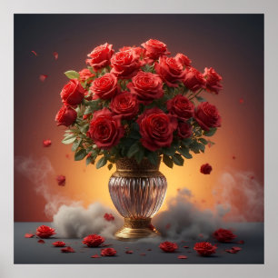 Affiche Bouquet Opulent de Roses Rouges dans un Élégant Va