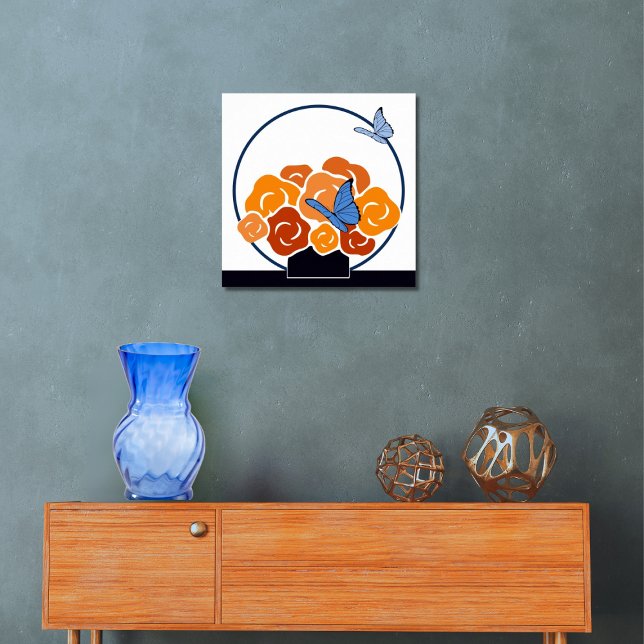 Affiche Bouquet orange et papillons bleus Carré (Blue & Orange Bouquet & Butterflies Square Poster, Entryway)