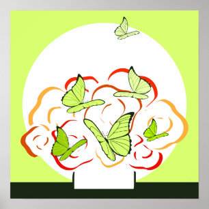 Affiche Bouquet orange et papillons jaune vif