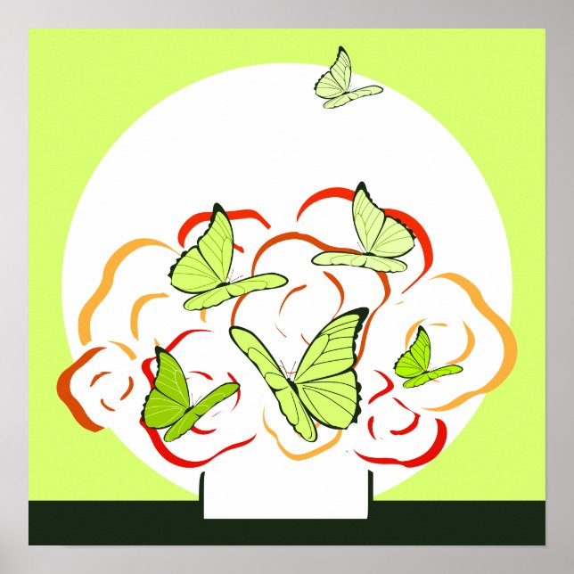 Affiche Bouquet orange et papillons jaune vif (Devant)