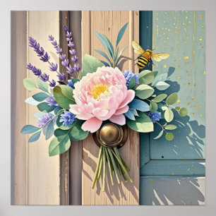 Affiche Bouquet pivoines fleurs lavande Rustique