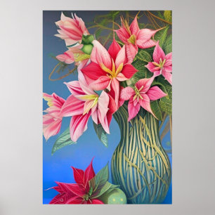 Affiche Bouquet rayé rose Amaryllis et Poinsettia