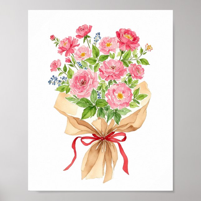 Affiche Bouquet rose floral aquarelle Art Imprimer (Devant)