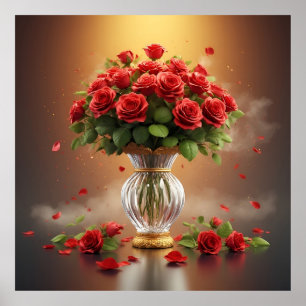 Affiche Bouquet somptueux de roses rouges dans un vase en 