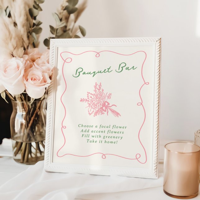 Affiche Bouquet Tiré à la main en blanc rose et vert (Créateur téléchargé)