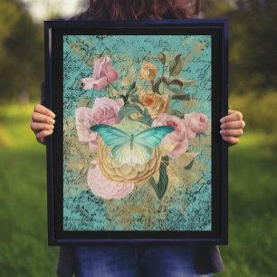 Affiche Bouquet vintage floral et papillon