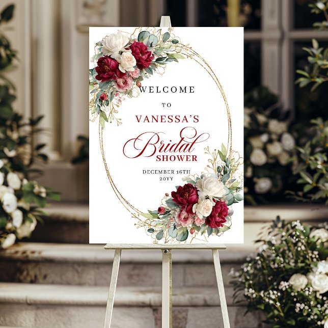 Affiche Bourgogne blanc floral or bordure douche de mariag (Burgundy white floral gold border bridal shower sign

)