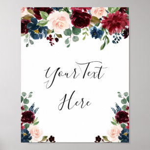 Affiche Bourgogne Bleu Nuit Blush Floral Aquarelle