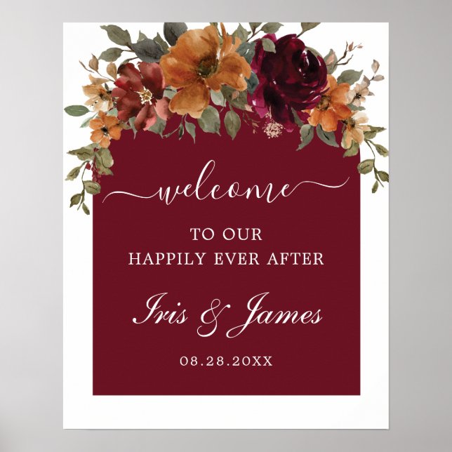 Affiche Bourgogne Brûlé Orange Floral Arch Mariage Bienven (Devant)