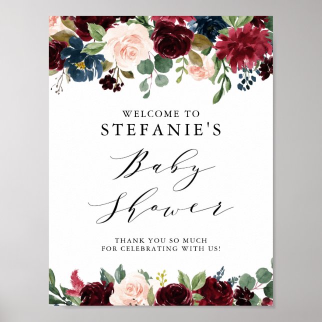 Affiche Bourgogne et bleu Baby shower Floral Garland Bienv (Devant)