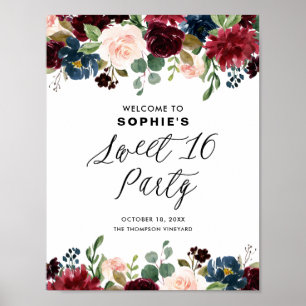 Affiche Bourgogne et Bleu Guirlande Florale Sweet Sixteen
